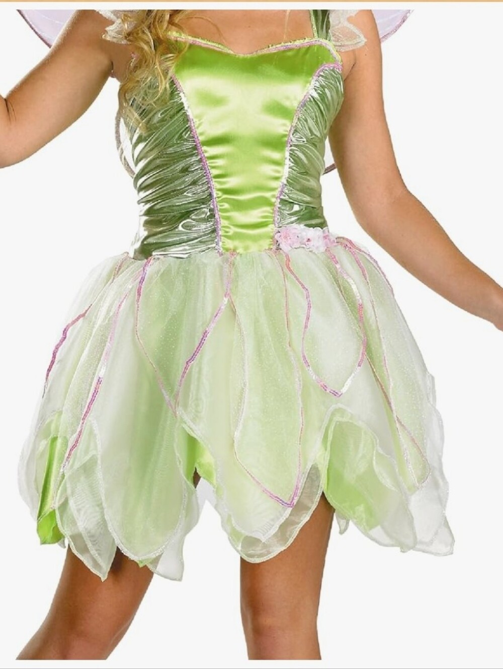 Disney Tinkerbell Disguise Fairy Green Petal Skirt Pink Trim Halloween Sz 12-14
